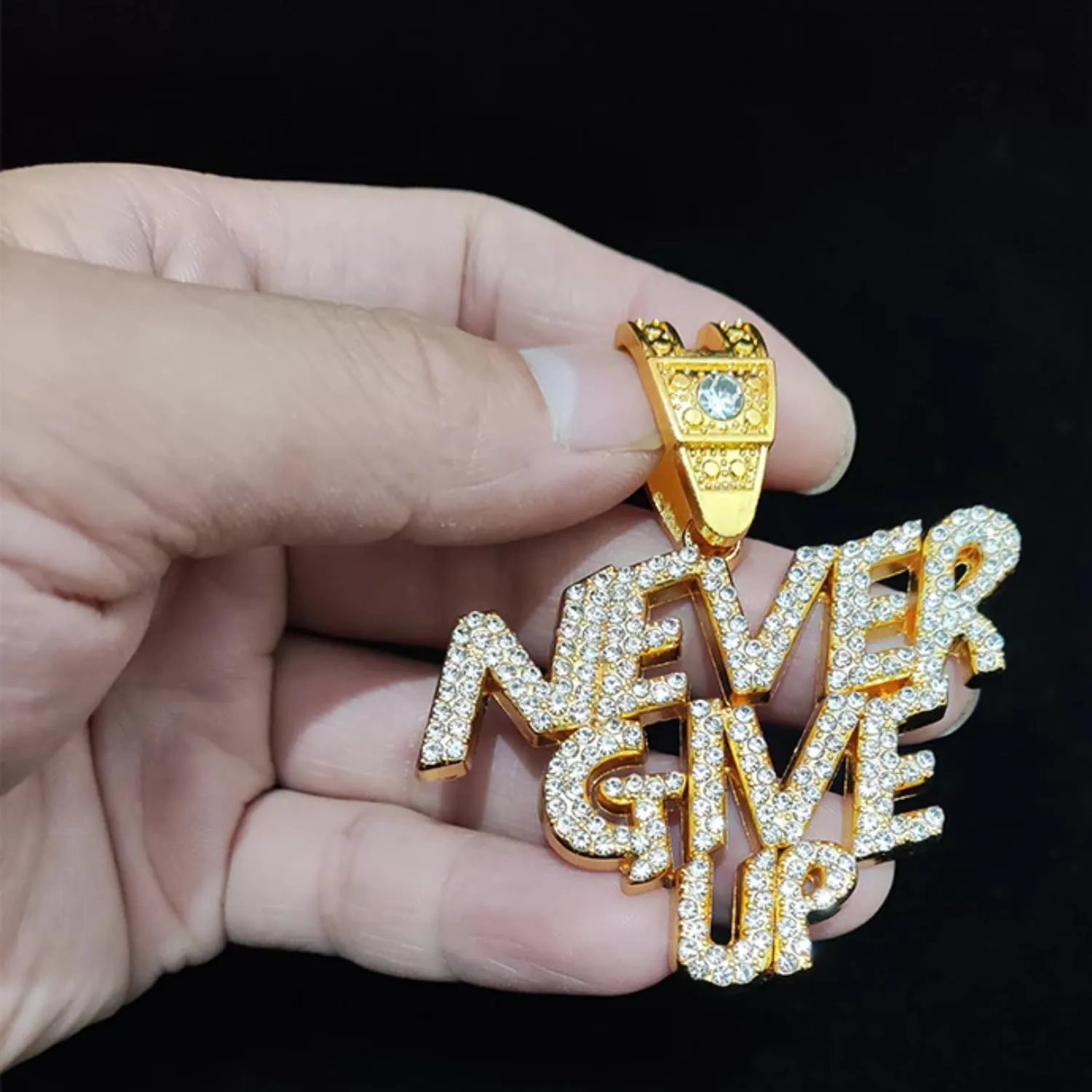 N-Made Beautiful Hip Hop Never Give Up Iced Out Pendant Necklace, Cuban Chain Width 13mm