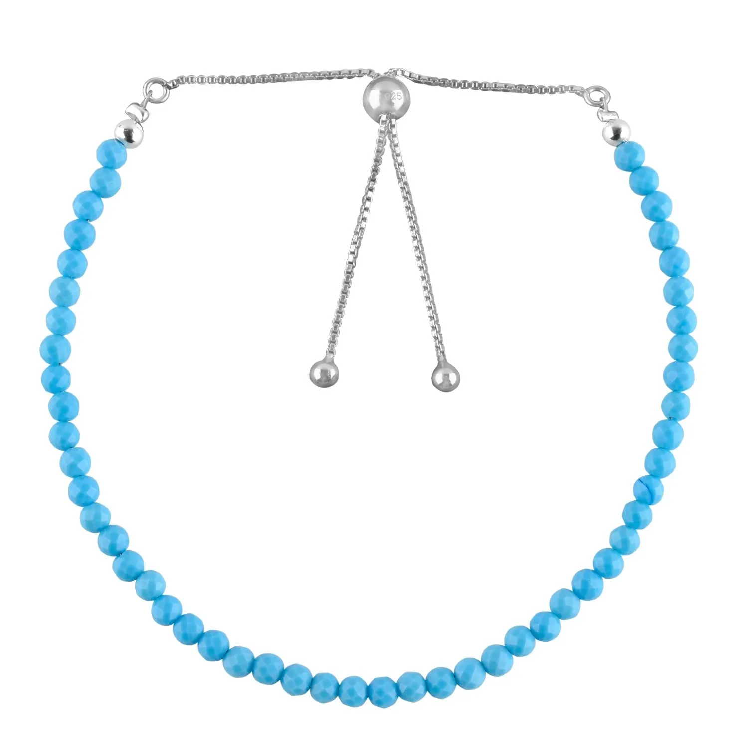 Natural Blue Magnesite Gemstones Bolo Bracelet, Micro-Faceted Beads, Chakra Healing Crystals, Silver Plated, Adjustable Slider Chain, Minimalist, Women Jewelry, Valentine Gifts, Size 10"