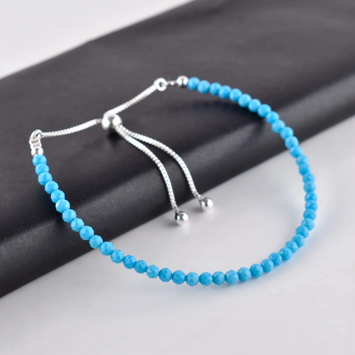 Natural Blue Magnesite Gemstones Bolo Bracelet, Micro-Faceted Beads, Chakra Healing Crystals, Silver Plated, Adjustable Slider Chain, Minimalist, Women Jewelry, Valentine Gifts, Size 10"