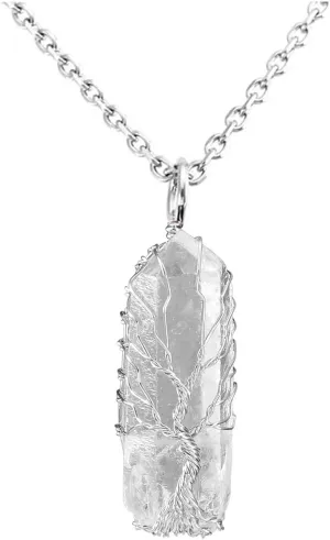 Natural Healing Crystal Stone Life Tree Wire Wrapped Pendant Necklace Reiki Gemstone Quartz Wand Heart Necklace Women Jewelry for Yoga Meditation Energy Balancing Gift
