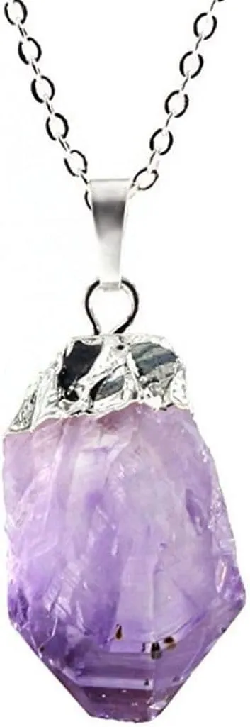 Natural Raw Purple Amethyst Crystal Gemstone Necklace 18 inch Free Form Rough Healing Crystal Stone Chakra Stone Stainless Steel Chain Tarnish Resistant Women Jewelry