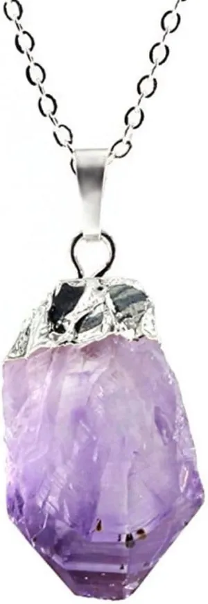 Natural Raw Purple Amethyst Crystal Gemstone Necklace 18 inch Free Form Rough Healing Crystal Stone Chakra Stone Stainless Steel Chain Tarnish Resistant Women Jewelry