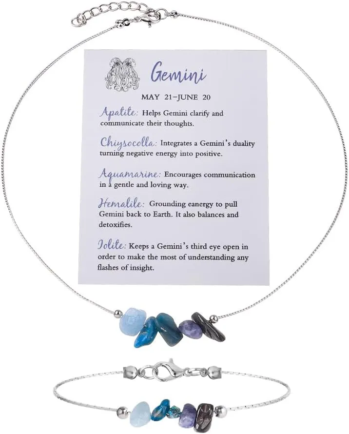 Natural Stone 12 Constellation Raw Zodiac Choker Necklace And Bracelet With Card Healing Chakra Crystals Zodiac Necklace Horoscope Astrology Jewelry