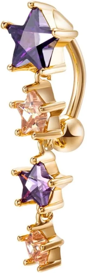 Navel Rings for Women, Belly Rings Sexy Navel Rings Surgical Steel Dangle Star Multicolor Cubic Zirconia Gold Navel Ring