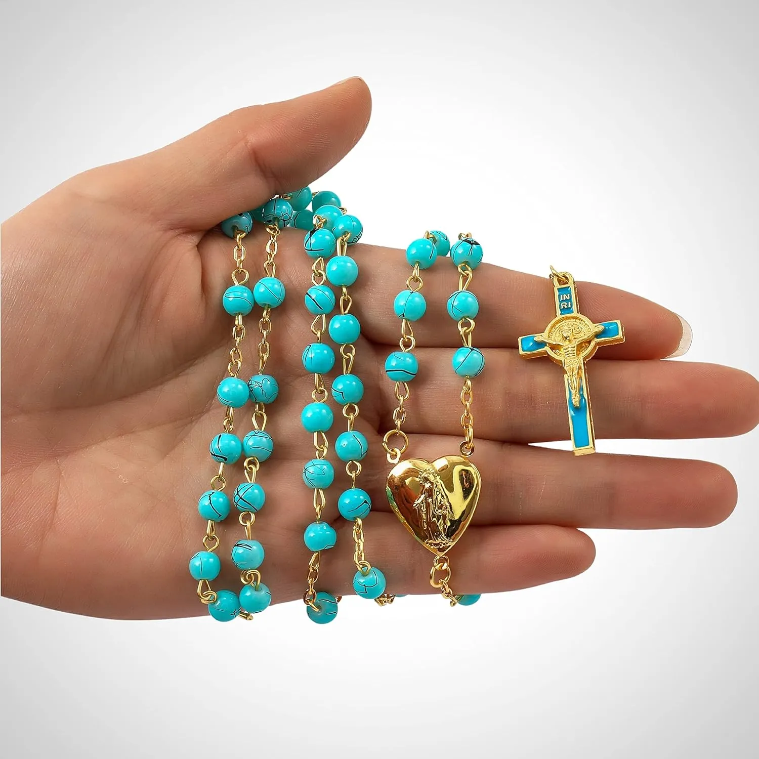 Nazareth Store Red Coral Glass Beads Rosary Catholic Saint Benedict Prayer Beaded Necklace with Miraculous Heart Shaped Locket Medal & Jesus Cross