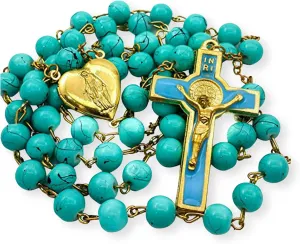 Nazareth Store Red Coral Glass Beads Rosary Catholic Saint Benedict Prayer Beaded Necklace with Miraculous Heart Shaped Locket Medal & Jesus Cross