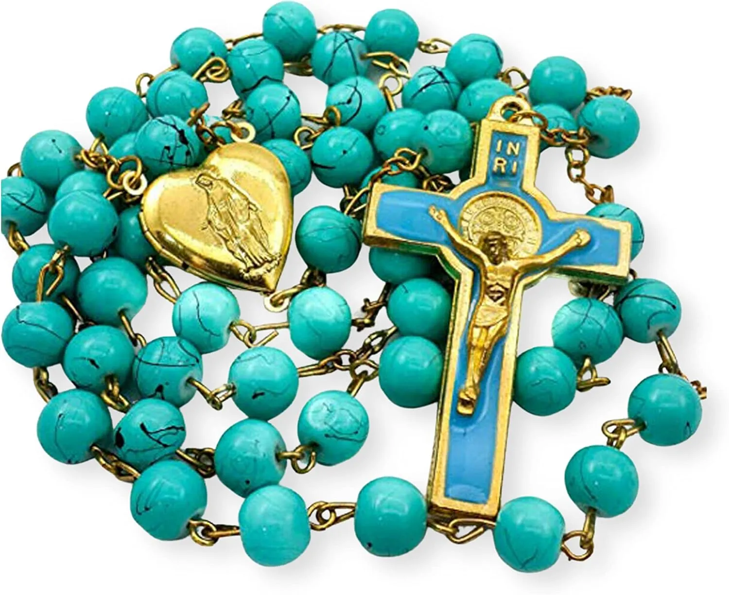 Nazareth Store Red Coral Glass Beads Rosary Catholic Saint Benedict Prayer Beaded Necklace with Miraculous Heart Shaped Locket Medal & Jesus Cross