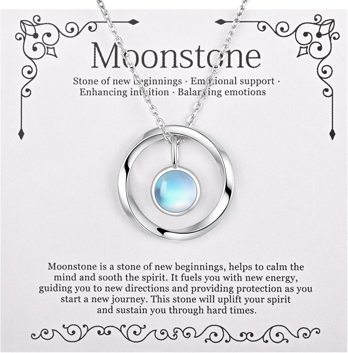 New Beginnings Moonstone Necklace - 925 Sterling Silver Moonstone and Mobius Circle Pendant Necklace for Women