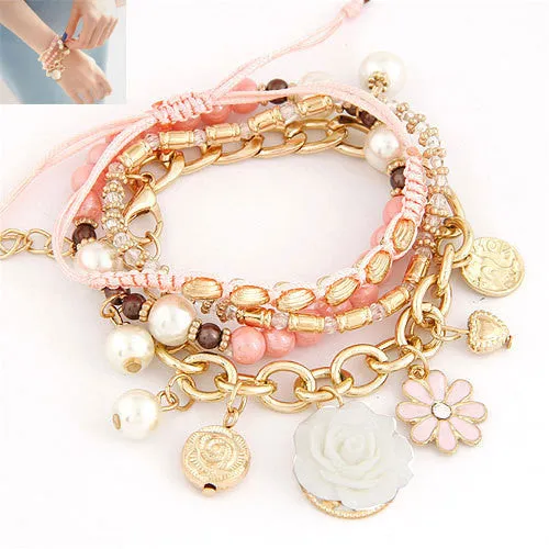 New Vintage Design Women Bangles Fashion Simple Rose Flower Pearl Bead Crystal Charms Multielement Bracelet Fine Jewelry