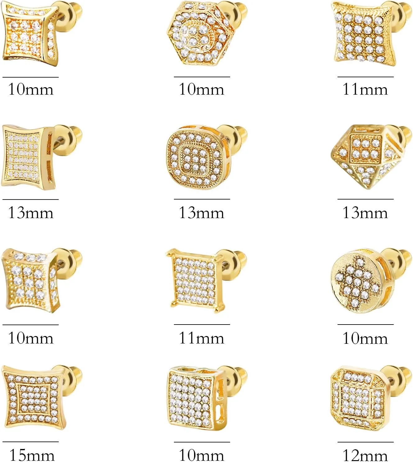 NEWITIN 12 Pairs Stainless Steel Stud Earrings for Men Hypoallergenic Earring Unisex Studs Inlaid Cubic Zirconia Men Earrings Hoop CZ Stud Earring Set for Women