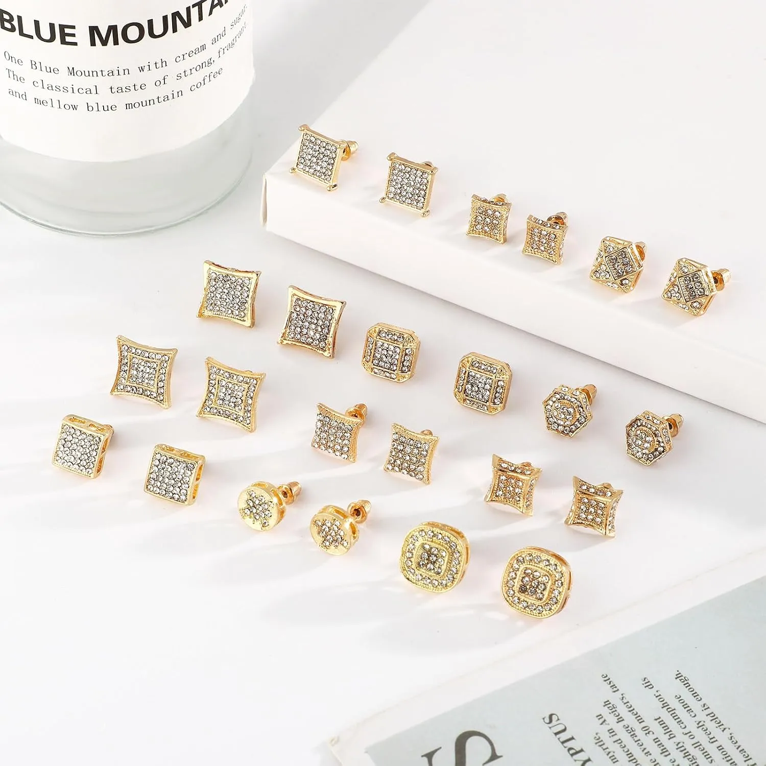 NEWITIN 12 Pairs Stainless Steel Stud Earrings for Men Hypoallergenic Earring Unisex Studs Inlaid Cubic Zirconia Men Earrings Hoop CZ Stud Earring Set for Women
