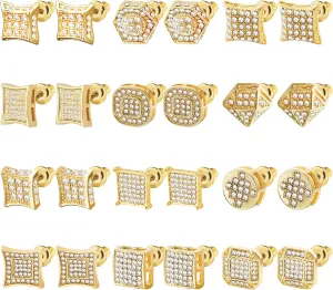 NEWITIN 12 Pairs Stainless Steel Stud Earrings for Men Hypoallergenic Earring Unisex Studs Inlaid Cubic Zirconia Men Earrings Hoop CZ Stud Earring Set for Women