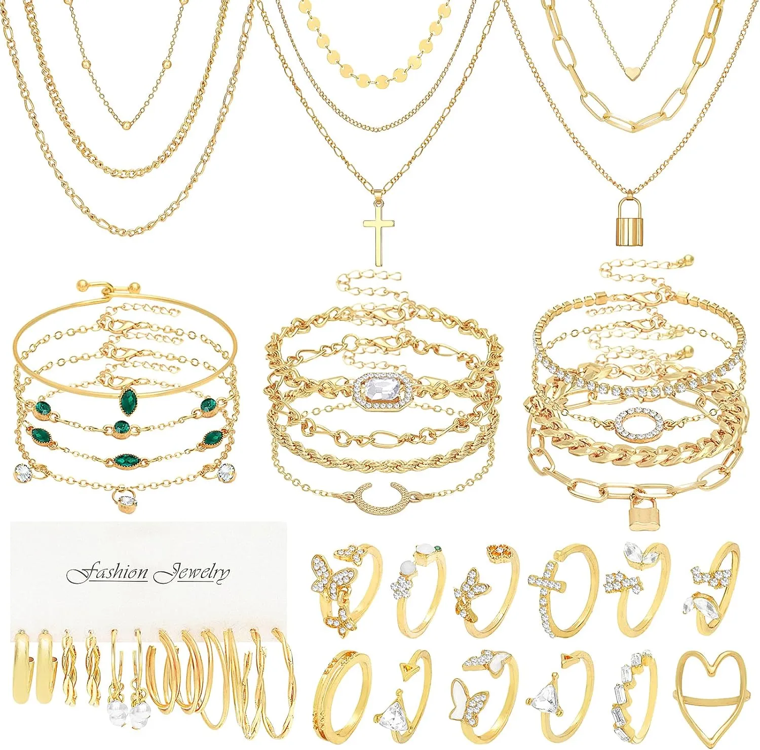 NEWITIN 49 Pieces Gold Jewelry Set for Women Fashion Costume Jewelry Gold Plated Necklace Bracelet Ring Earrings Set for Women
