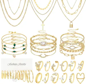 NEWITIN 49 Pieces Gold Jewelry Set for Women Fashion Costume Jewelry Gold Plated Necklace Bracelet Ring Earrings Set for Women