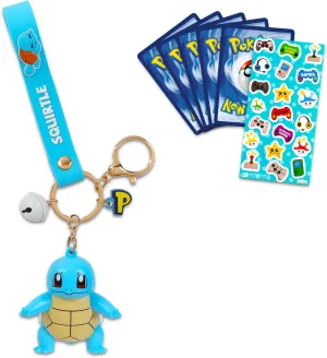 Nintendo Squirtle Keychain Bundle ~ Deluxe Silicone 3D Character Figure Pokemon Keyring with Strap, Charm, and Bell Plus Pokemon Cards, More | Pokemon Squirtle Key Ring for Backpack