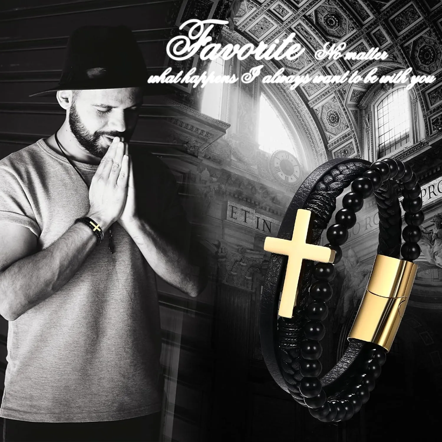 NMQLX Leather Cross Cuff Bracelets, Men's Crucifix Bracelets, Braided Beads Multilayer Wristbands