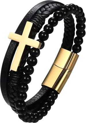 NMQLX Leather Cross Cuff Bracelets, Men's Crucifix Bracelets, Braided Beads Multilayer Wristbands