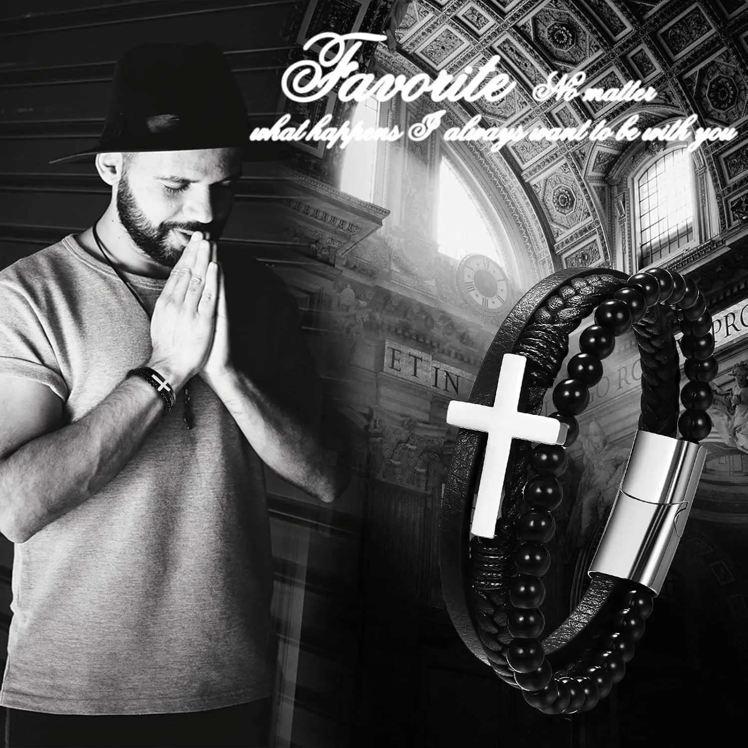 NMQLX Leather Cross Cuff Bracelets, Men's Crucifix Bracelets, Braided Beads Multilayer Wristbands