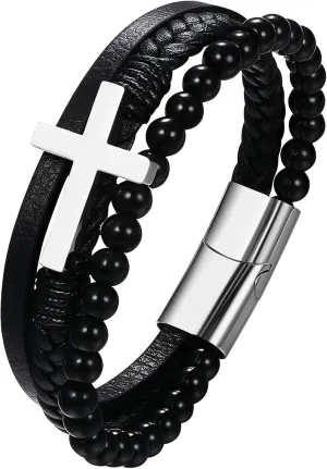 NMQLX Leather Cross Cuff Bracelets, Men's Crucifix Bracelets, Braided Beads Multilayer Wristbands