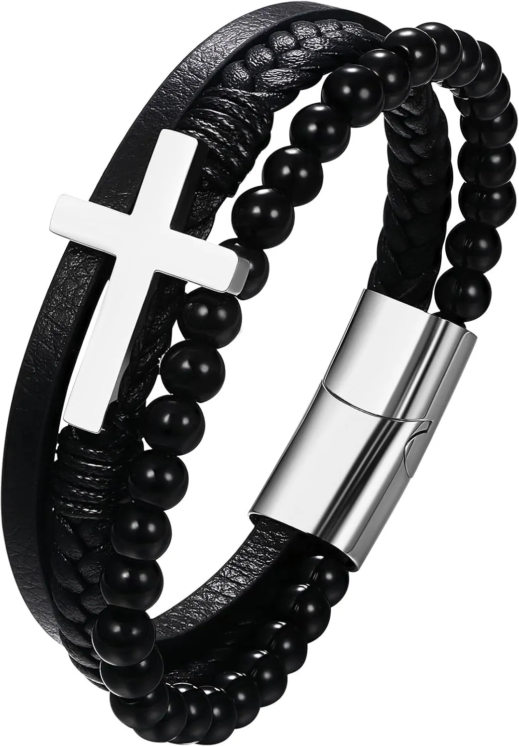 NMQLX Leather Cross Cuff Bracelets, Men's Crucifix Bracelets, Braided Beads Multilayer Wristbands