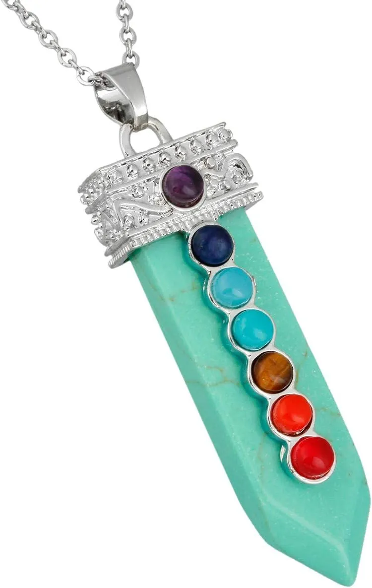Nupuyai 7 Chakra Stone Necklace for Unisex, Healing Crystal Point Pendant with Chain for Women and Men