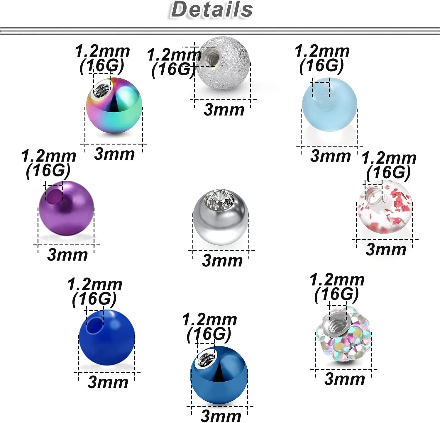 Ocptiy 16G 3mm Replacement Balls Set &14G 5mm Piercing Balls Stainless Steel Glow in the Drak Plastic Replacement Balls Parts Jewelry Piercing Pearl Barbell Parts for Women Men 3mm 5mm Balls 72Pcs