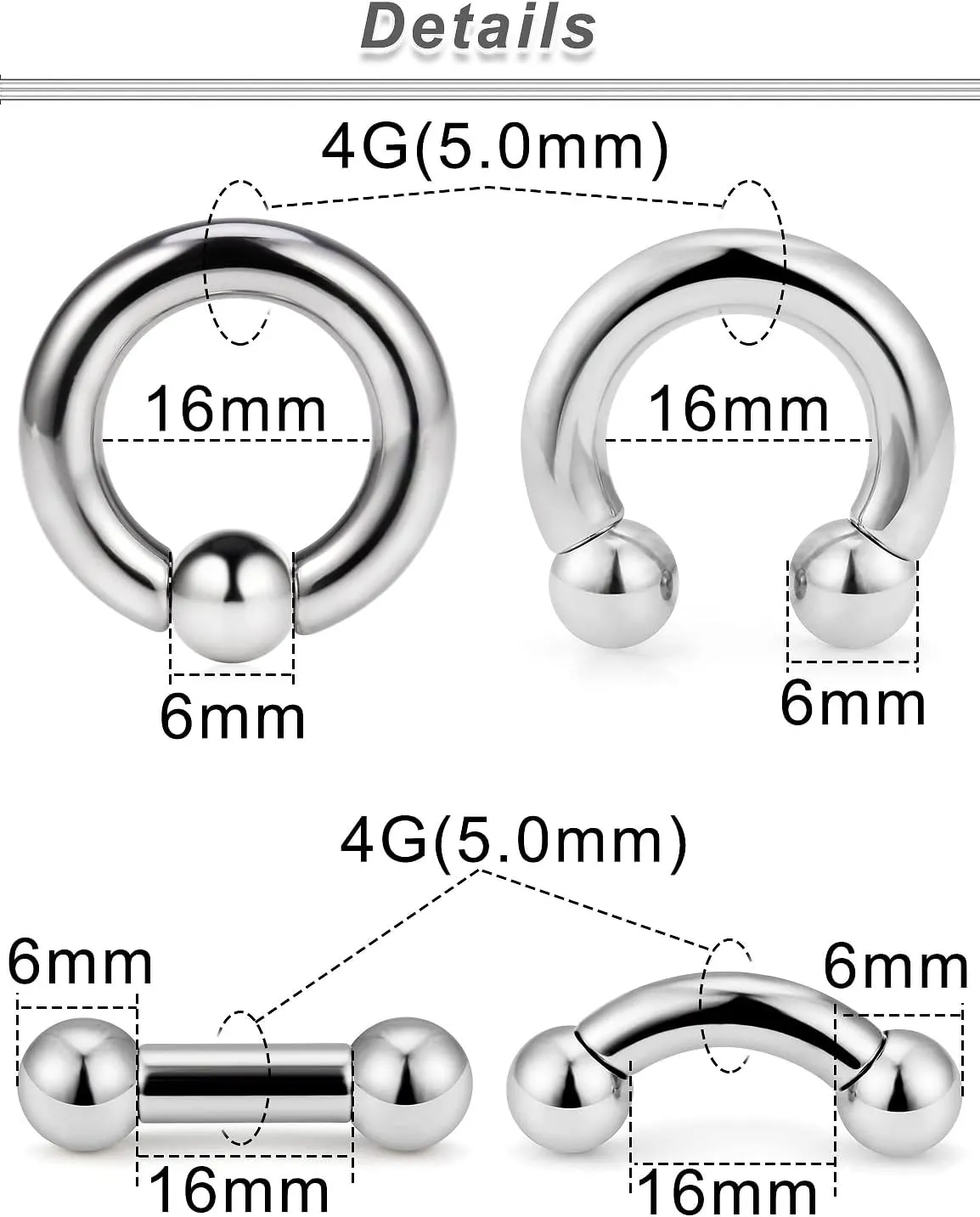 Ocptiy 2G 4G 6G 8G Septum Rings Large Ear Gauges Earrings Stretching Kit 316L Surgical Steel Internally Threaded Big Septum Nose Tongue Lip rings Piercing Jewelry Barbells 12mm 16mm 4Pcs