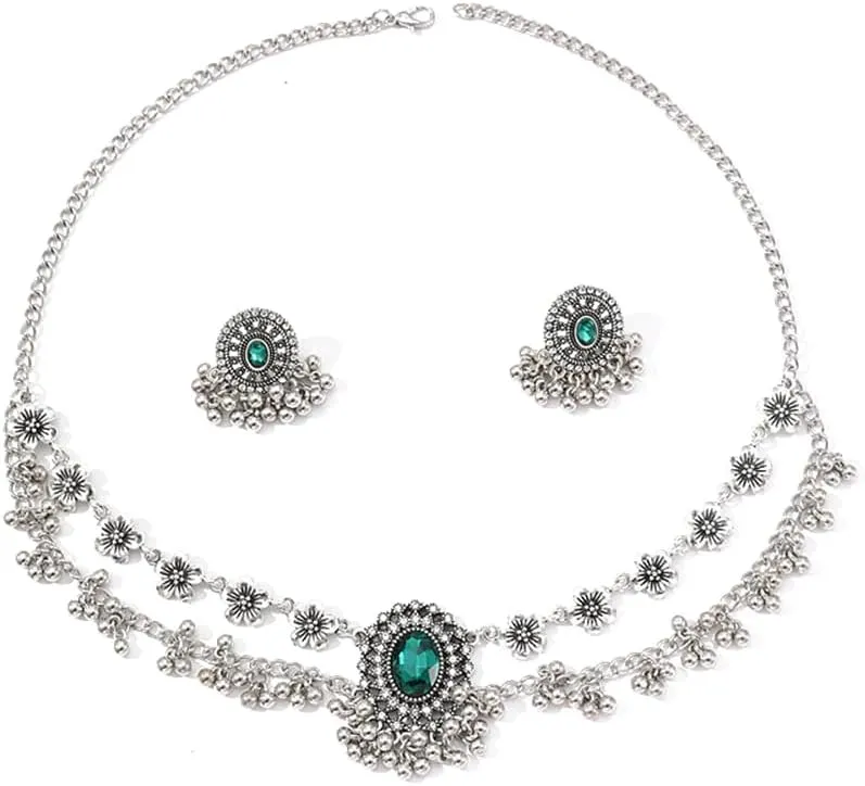 OIDIMS Vintage Cubic Zirconia Earrings Bohemian Flower Layered Pendant Necklace Jewellery Set for Women Tassel Beaded Boho Wedding Cocktail Party Birthday Christmas Anniversary Unique Jewelry Gifts