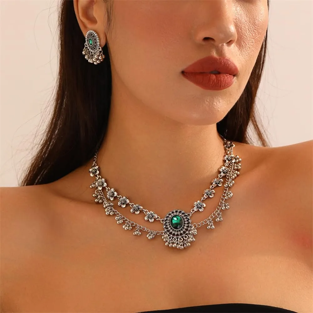 OIDIMS Vintage Cubic Zirconia Earrings Bohemian Flower Layered Pendant Necklace Jewellery Set for Women Tassel Beaded Boho Wedding Cocktail Party Birthday Christmas Anniversary Unique Jewelry Gifts