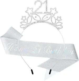 Ondder Silver 21st Birthday Sash and Tiara Shiny Birthday Crown and Sash Kit 21st Birthday Star Headband 21st Sparkly Rhinestone Headband Birthday Party Decorations Gifts Party Favors Supplies for Girls