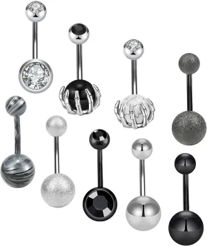 ONESING 9 Pcs 14G Belly Button Rings Belly Rings for Women Skull Hand Belly Button Piercing Jewelry Belly Bars Black Navel Rings Stainless Steel Body Piercing Jewelry