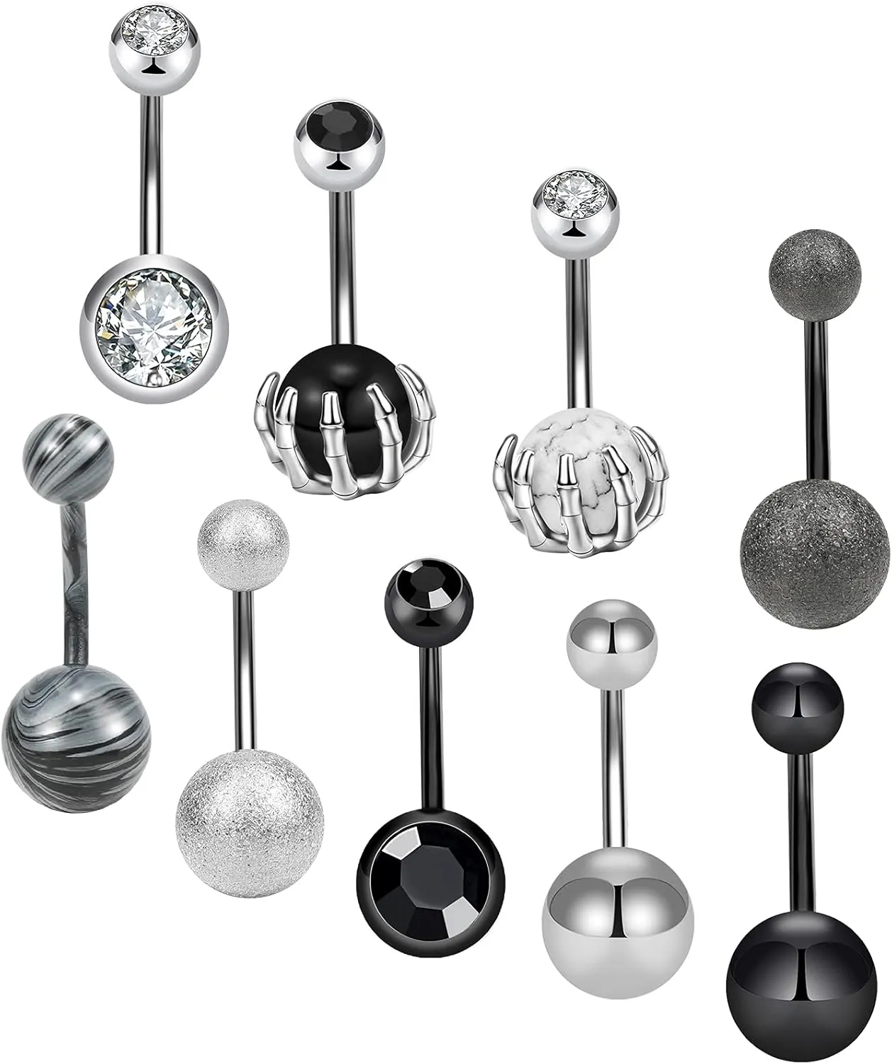 ONESING 9 Pcs 14G Belly Button Rings Belly Rings for Women Skull Hand Belly Button Piercing Jewelry Belly Bars Black Navel Rings Stainless Steel Body Piercing Jewelry