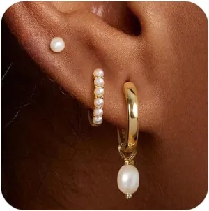 OOOPEL 3 Pairs Stackable Gold Hoop Earrings Set for Women 14K Gold Plated Earring Stacks CZ Heart Pearl Rhombus Bow Four Leaf Star Huggie Earrings for Women Trendy Jewelry