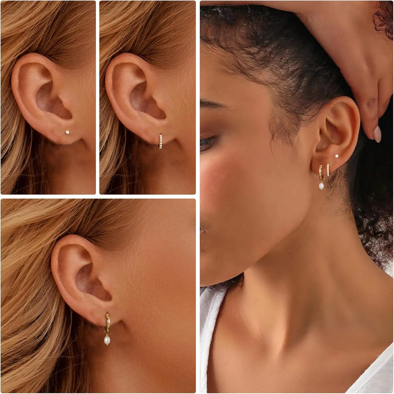 OOOPEL 3 Pairs Stackable Gold Hoop Earrings Set for Women 14K Gold Plated Earring Stacks CZ Heart Pearl Rhombus Bow Four Leaf Star Huggie Earrings for Women Trendy Jewelry