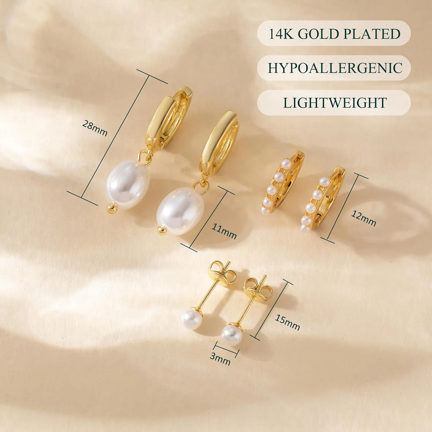 OOOPEL 3 Pairs Stackable Gold Hoop Earrings Set for Women 14K Gold Plated Earring Stacks CZ Heart Pearl Rhombus Bow Four Leaf Star Huggie Earrings for Women Trendy Jewelry