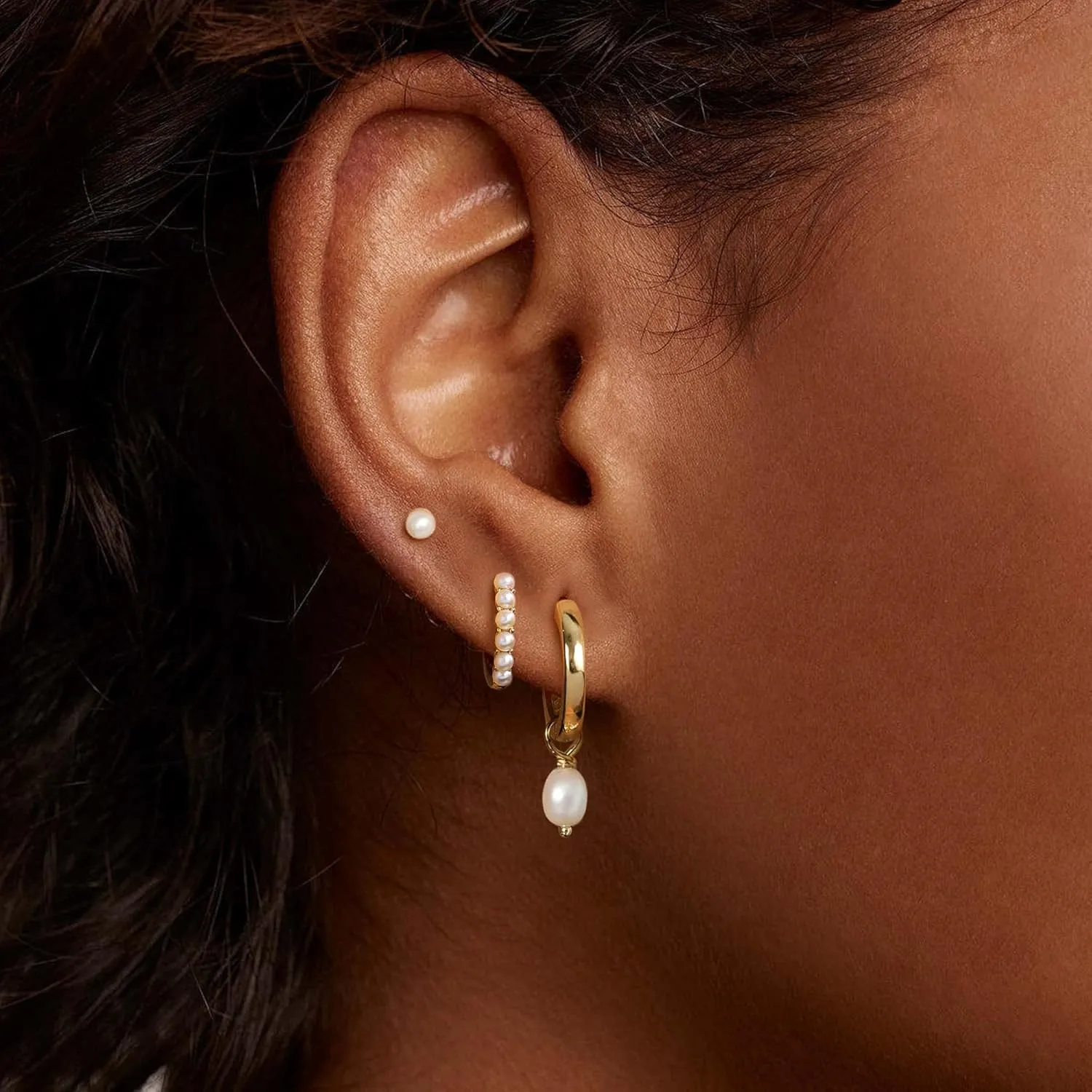 OOOPEL 3 Pairs Stackable Gold Hoop Earrings Set for Women 14K Gold Plated Earring Stacks CZ Heart Pearl Rhombus Bow Four Leaf Star Huggie Earrings for Women Trendy Jewelry