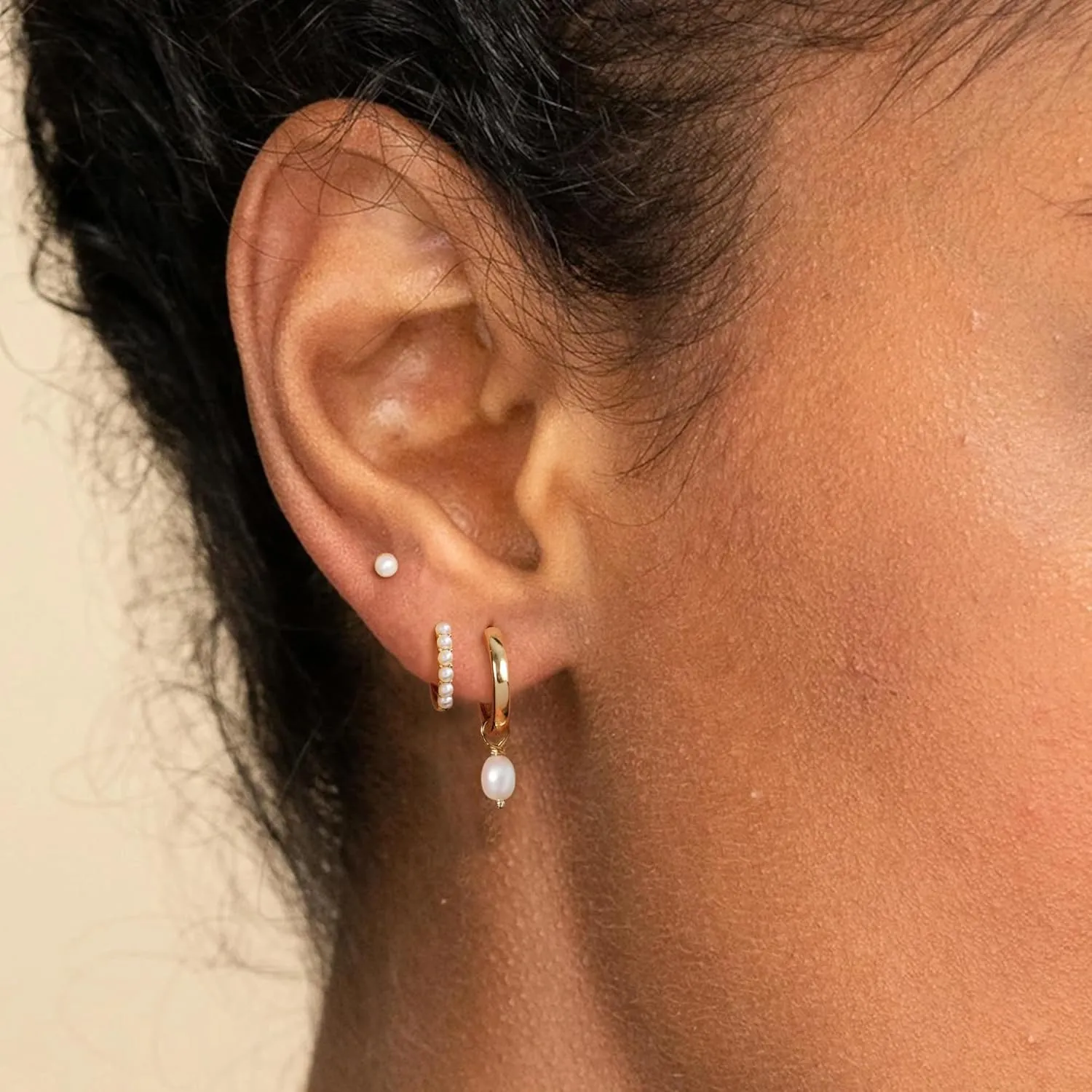 OOOPEL 3 Pairs Stackable Gold Hoop Earrings Set for Women 14K Gold Plated Earring Stacks CZ Heart Pearl Rhombus Bow Four Leaf Star Huggie Earrings for Women Trendy Jewelry