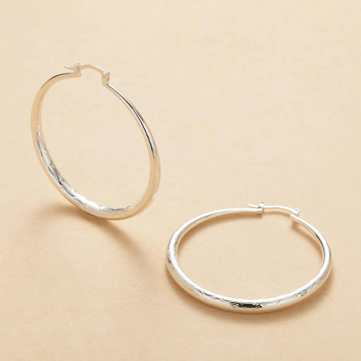OOOPEL 925 Sterling Silver Hoop for Women Gold Hoop Earrings Hypoallergenic Diamond-Cut Ripples Designed - Non Tarnish Large Hoop Earrings(30/40/50/60/70mm)