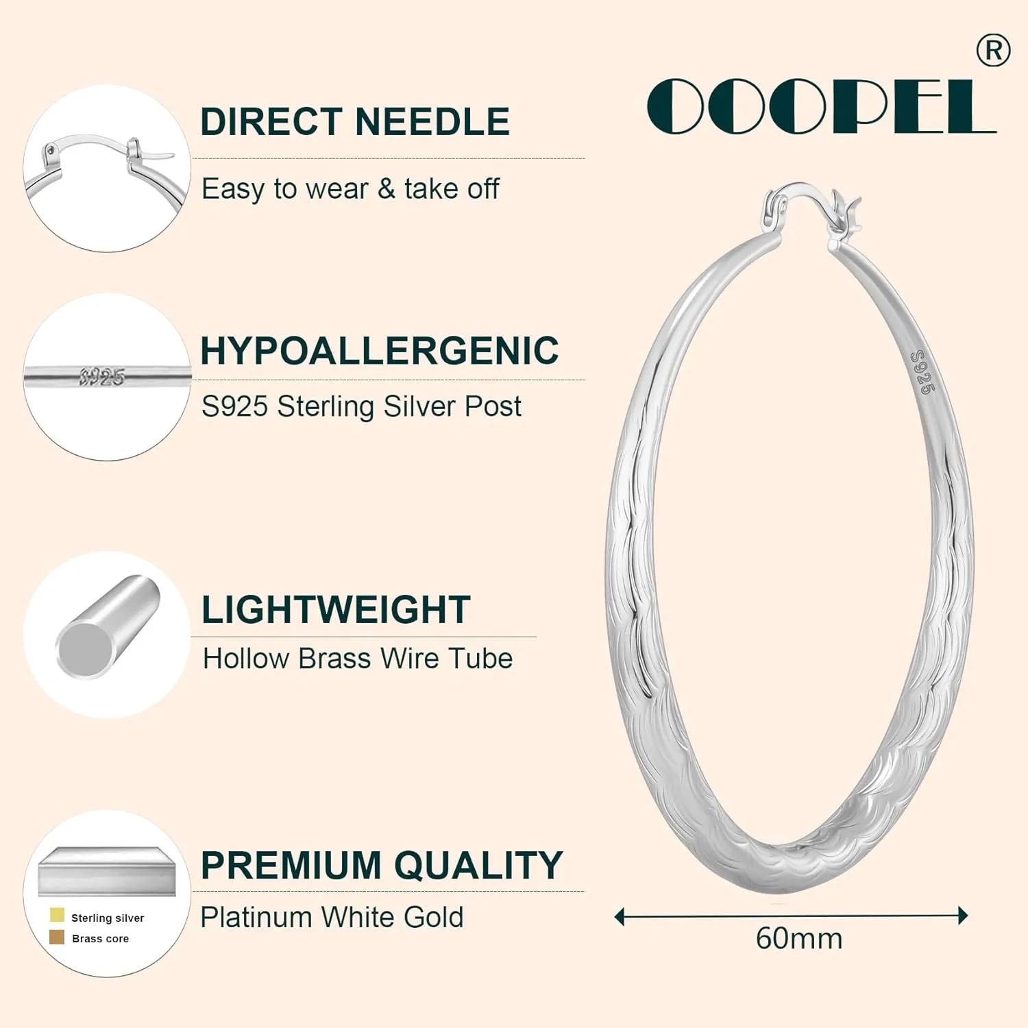 OOOPEL 925 Sterling Silver Hoop for Women Gold Hoop Earrings Hypoallergenic Diamond-Cut Ripples Designed - Non Tarnish Large Hoop Earrings(30/40/50/60/70mm)