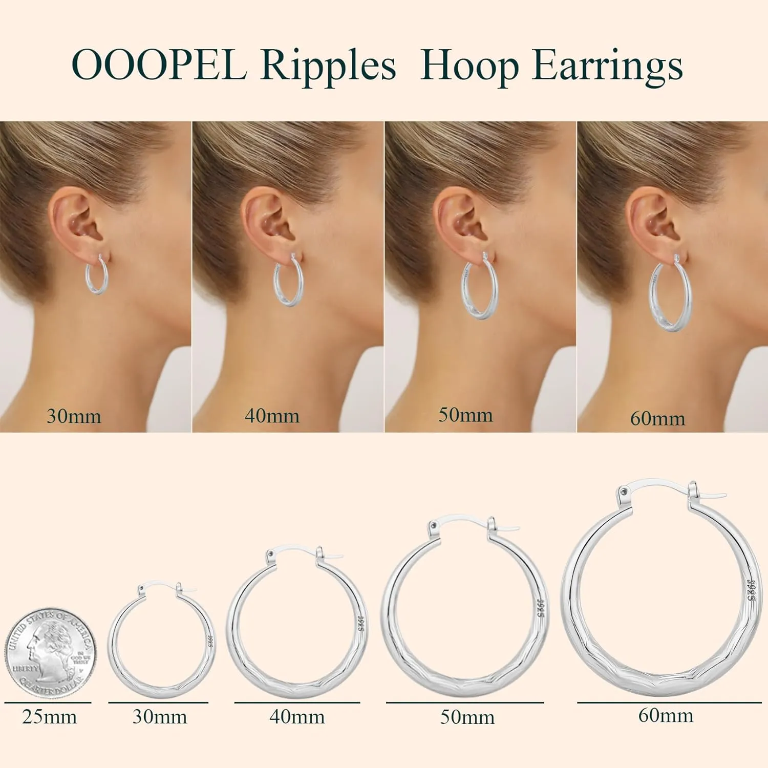 OOOPEL 925 Sterling Silver Hoop for Women Gold Hoop Earrings Hypoallergenic Diamond-Cut Ripples Designed - Non Tarnish Large Hoop Earrings(30/40/50/60/70mm)