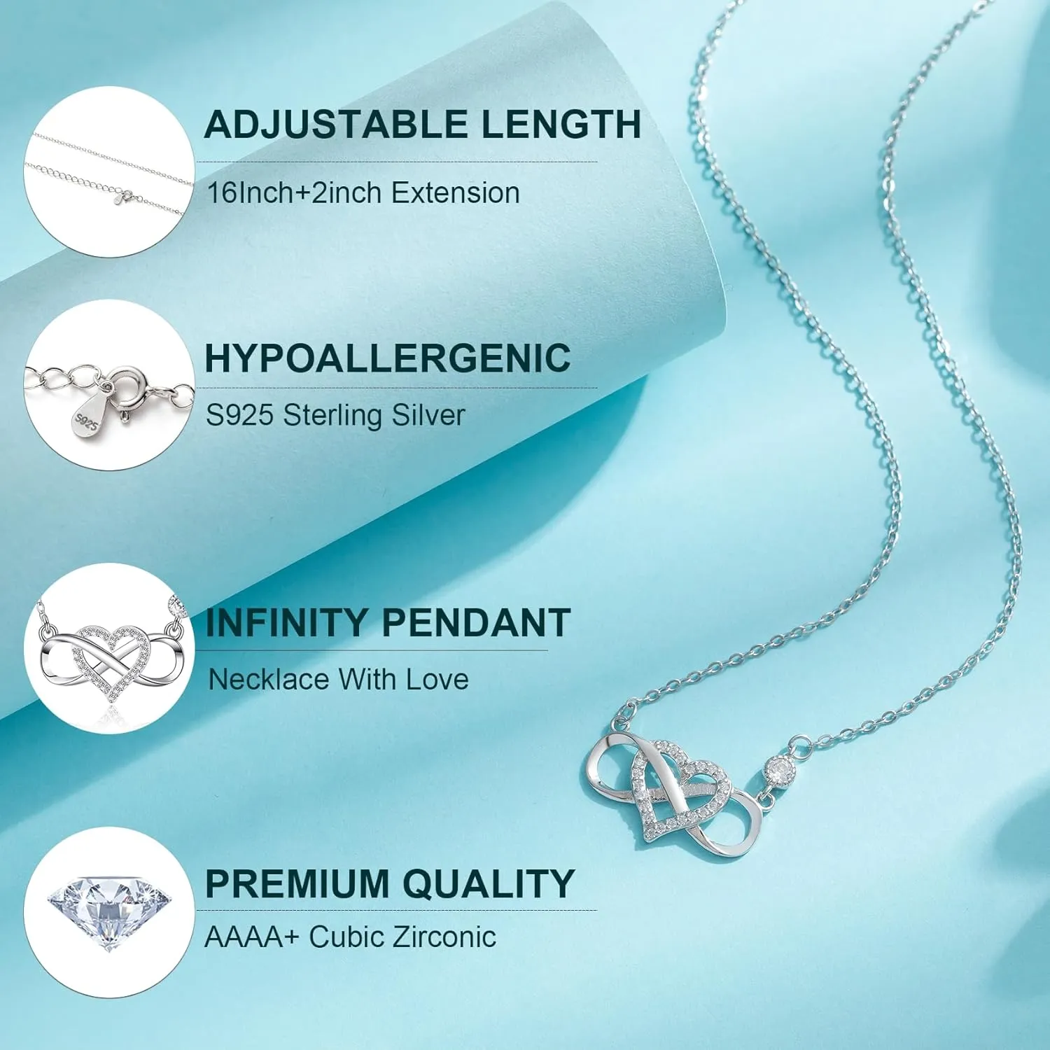 OOOPEL Gift for Mom/Daughter Sterling Silver Infinity Necklace with Heart Mother Daughter Necklace Birthday Mother's Day Gift for Mum Daughter with Love Card