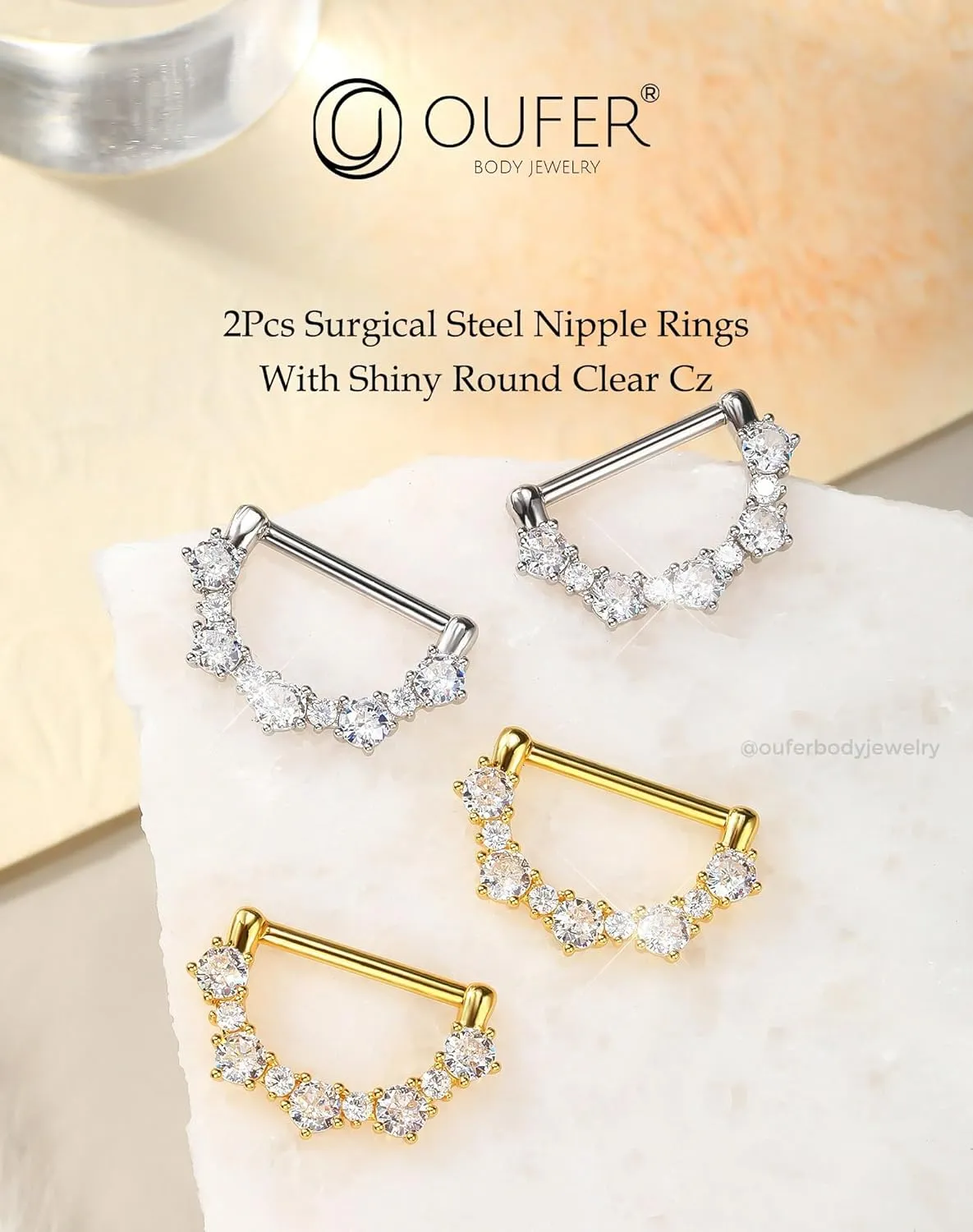 OUFER 2PCS 14G Nipple Rings, 316l Surgical Steel Nipple Piercing Jewelry, Round Clear CZ Nipple Barbells, Clicker Nipple Rings For Women- Silver/Gold