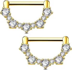 OUFER 2PCS 14G Nipple Rings, 316l Surgical Steel Nipple Piercing Jewelry, Round Clear CZ Nipple Barbells, Clicker Nipple Rings For Women- Silver/Gold