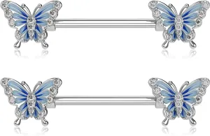 OUFER Butterfly Nipple Rings, 316L Surgical Steel Paved Shiny Clear CZ Nipple Barbells,14G Nipple Piercing Jewelry for Women