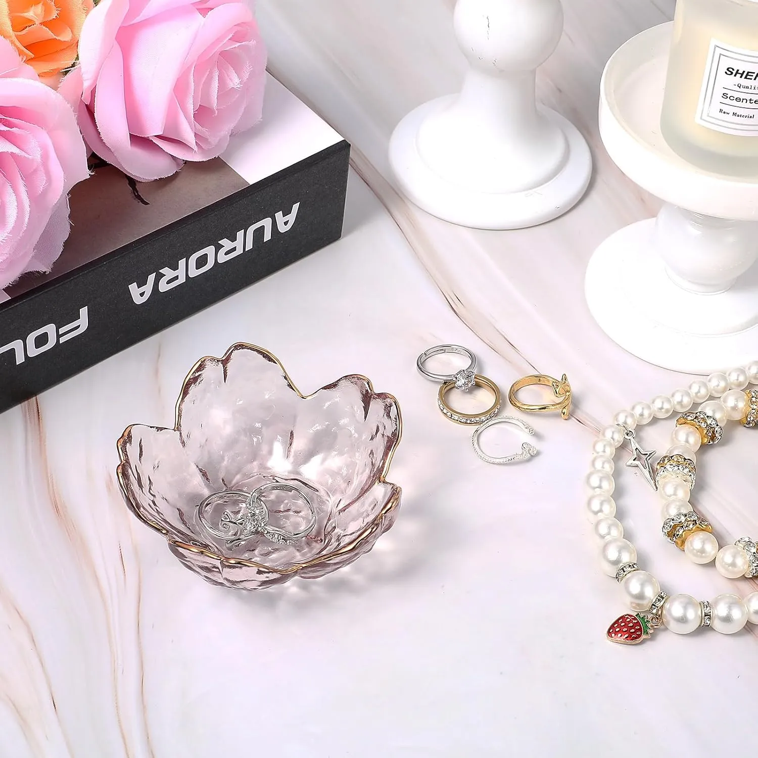 Ouligay Small Cute Jewelry Dish Tray Flower Jewelry Ring Dish Trinket Tray Ring Holder for Women Glass Jewelry Plate Dish with Gilt-Edged Blossom Design Gift for Wife Mom Daughter(Pink)