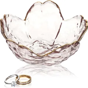 Ouligay Small Cute Jewelry Dish Tray Flower Jewelry Ring Dish Trinket Tray Ring Holder for Women Glass Jewelry Plate Dish with Gilt-Edged Blossom Design Gift for Wife Mom Daughter(Pink)
