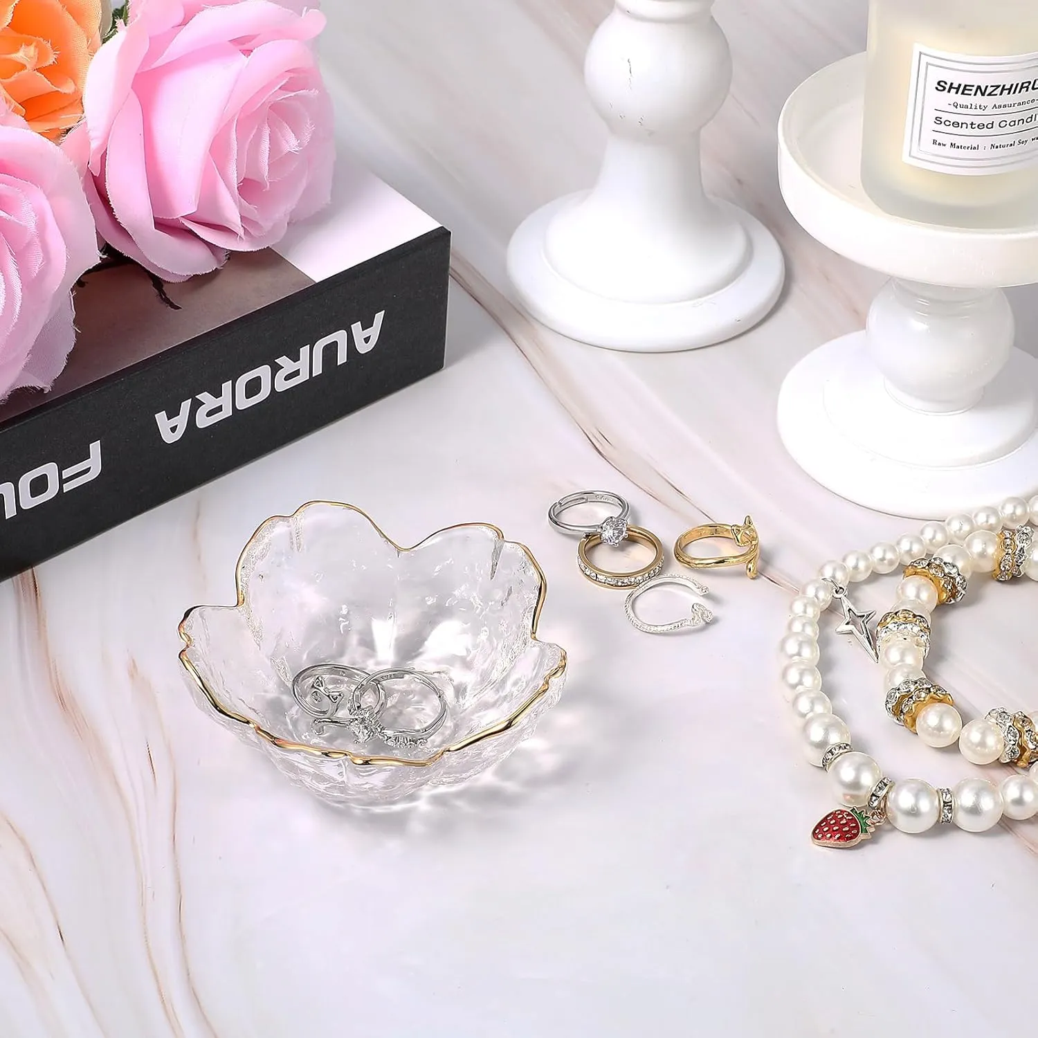 Ouligay Small Cute Jewelry Dish Tray Flower Jewelry Ring Dish Trinket Tray Ring Holder for Women Glass Jewelry Plate Dish with Gilt-Edged Blossom Design Gift for Wife Mom Daughter(Transparent)
