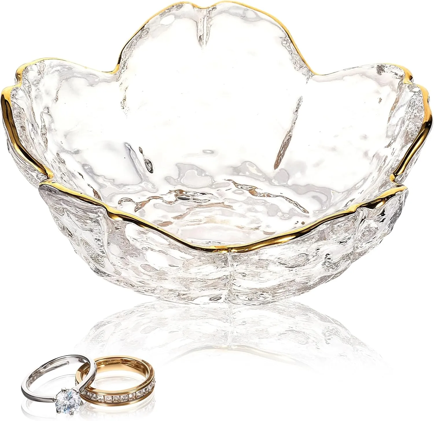 Ouligay Small Cute Jewelry Dish Tray Flower Jewelry Ring Dish Trinket Tray Ring Holder for Women Glass Jewelry Plate Dish with Gilt-Edged Blossom Design Gift for Wife Mom Daughter(Transparent)