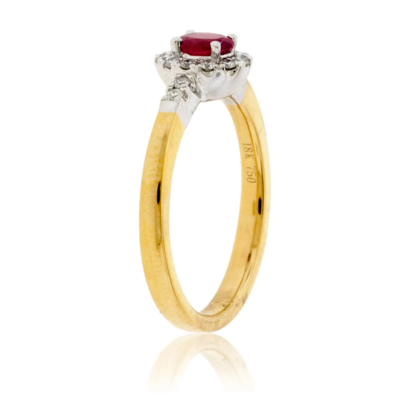 Oval Red Beryl Emerald & Diamond Halo Yellow Gold Ring