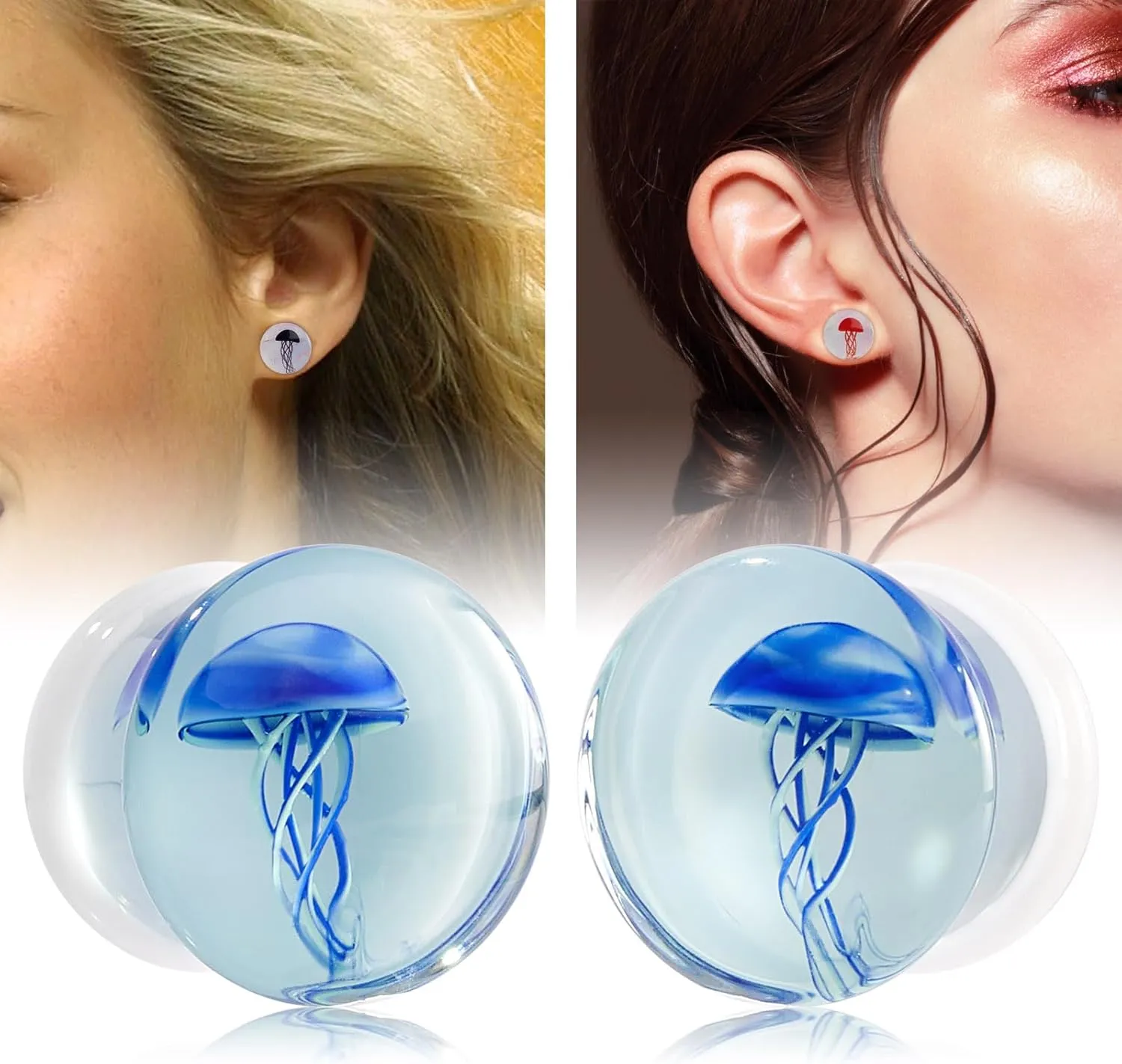 Oyaface 3Pairs Ocean Jellyfish Color Ear Plugs Gauges Tunnel Expanders Stretcher Unique Earrings Double Flared Piercings Body Jewelry Blue Red Black Set 0G-5/8''